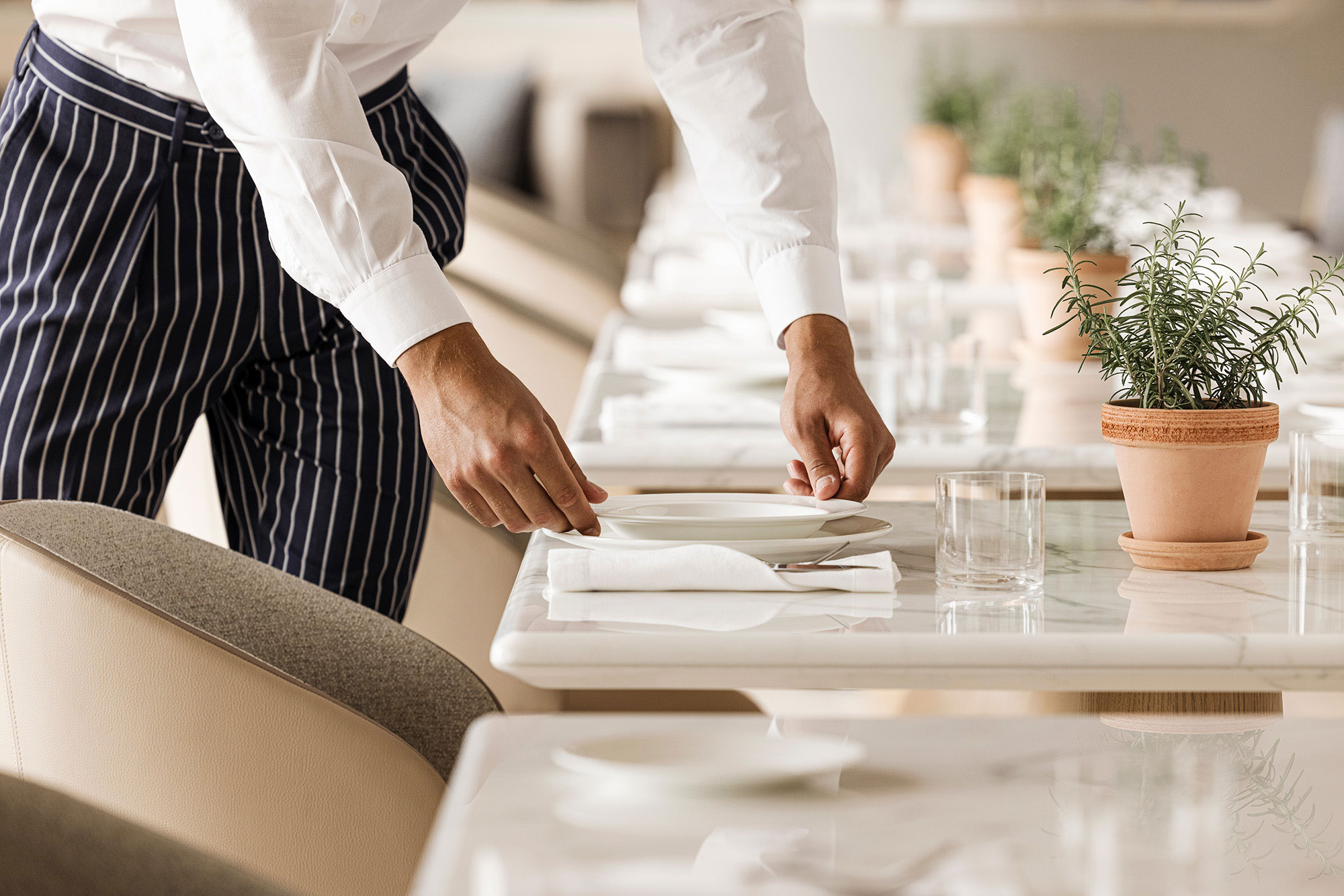 Close-up of a server in a white shirt and pinstripe trousers setting a table with layered plates and neatly folded linens, framed by soft-toned seating and terracotta pots of rosemary—capturing refined service choreography within a thoughtfully designed dining space.