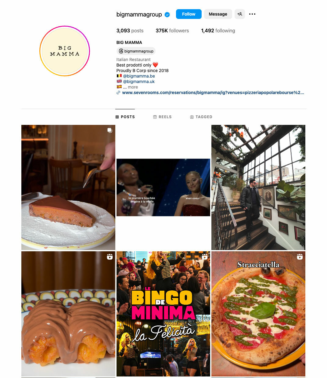 A screenshot of the Big Mamma Group’s Instagram profile, showing the brand’s logo, follower count, and a grid of recent posts featuring indulgent desserts, lively restaurant scenes, and Italian dishes—highlighting a vibrant, personality-driven approach to hospitality storytelling on social media.
