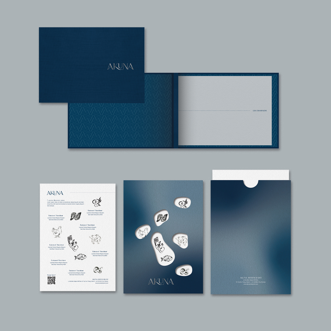 Akuna Restaurant branding collateral designed by Social F+B, featuring menus, sleeves, stationery and graphic motifs inspired by fluid water forms.