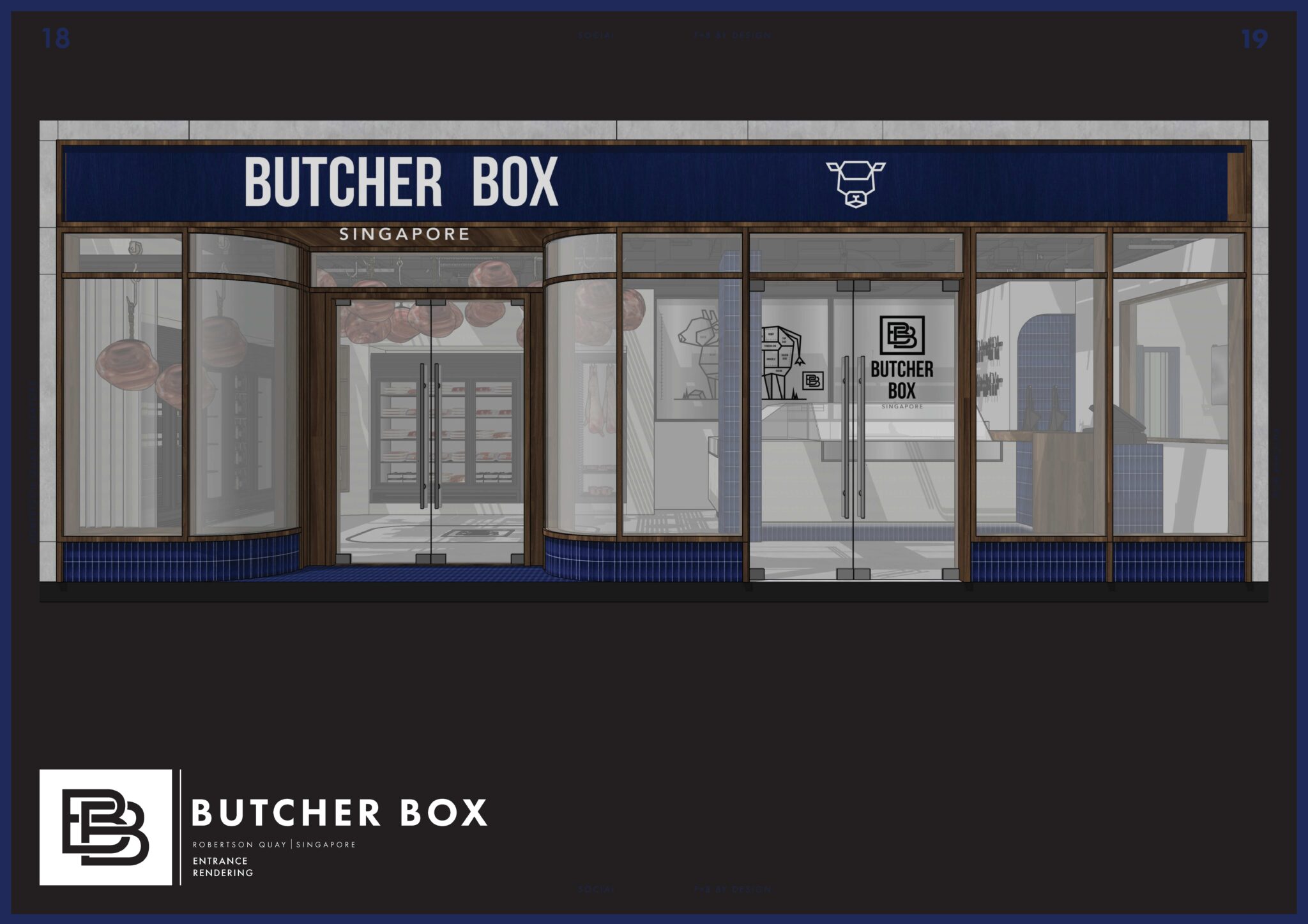 Architectural rendering of Butcher Box Singapore’s storefront design, showcasing Social F+B’s F&B retail concept development, branded façade, and premium butcher shop experience.
