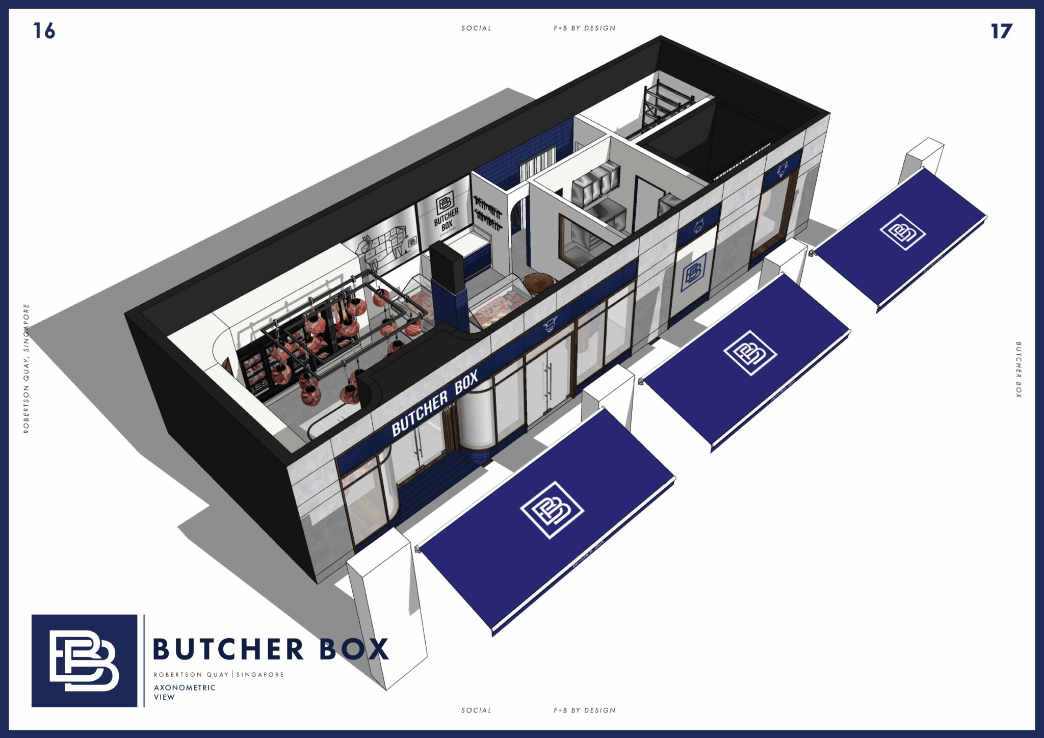 Axonometric rendering of Butcher Box Singapore’s retail concept, showcasing Social F+B’s integrated F&B design approach, including customer-facing butcher counters, branded façade, and back-of-house operational layout.