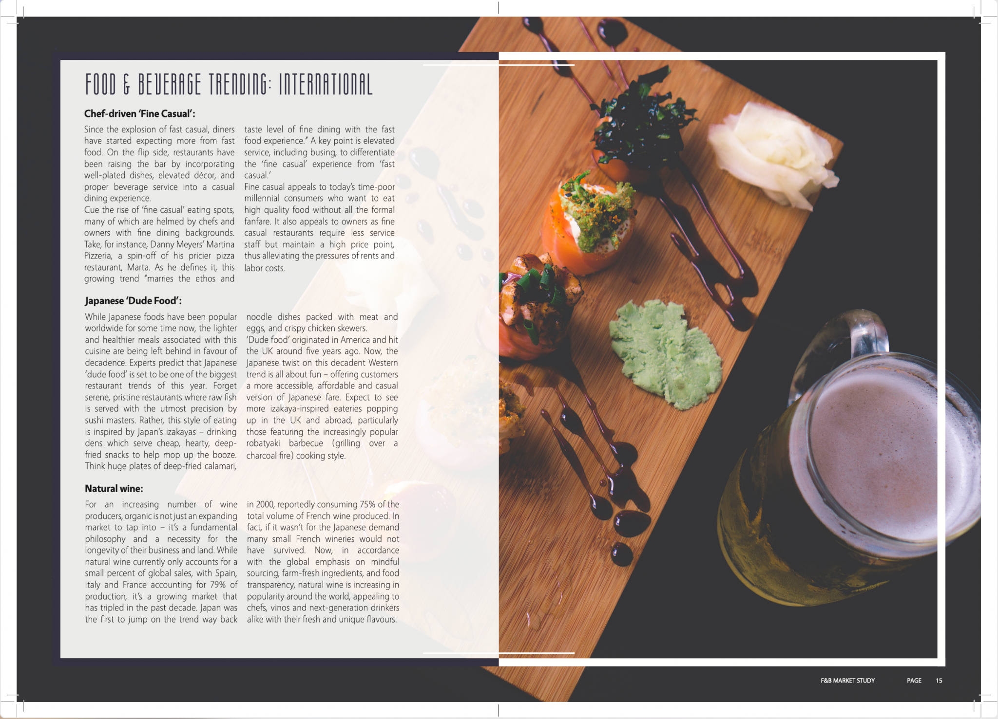 Food and beverage market research spread developed for District at Kimpton Shinjuku Tokyo, presenting international dining trends alongside curated food imagery to inform concept positioning and brand direction.