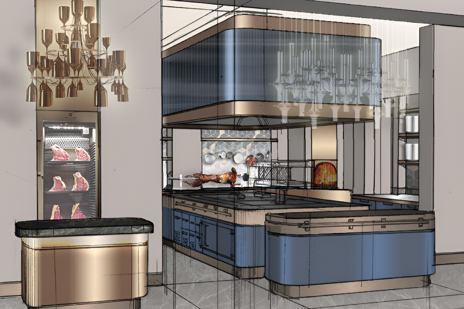 Design sketch of La Veranda cooking station showing open-kitchen layout, material contrasts, and guest interaction zones by Social F+B.
