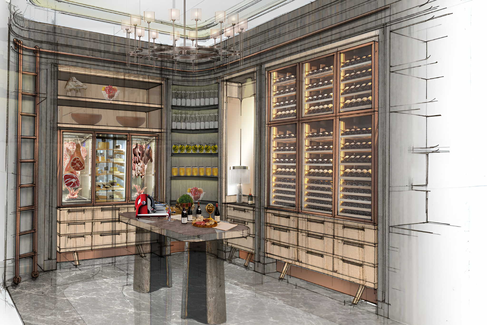 Concept sketch and render of La Veranda at One&Only Portonovi, Montenegro, illustrating an all-day dining interior with integrated wine displays, cured meat cabinets, bespoke cabinetry, and a central preparation table, blending hand-drawn detailing with refined material finishes.