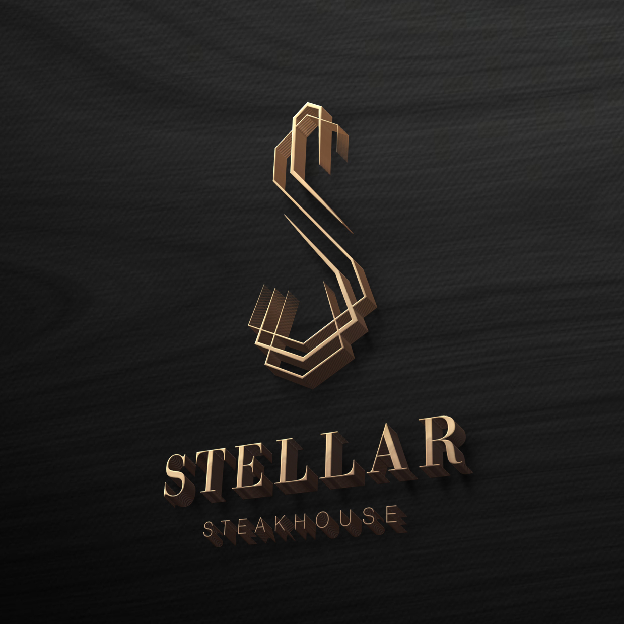 Stellar Steakhouse logo rendered in brushed gold lettering on a dark textured surface, featuring a sculptural abstract “S” emblem above the restaurant name.