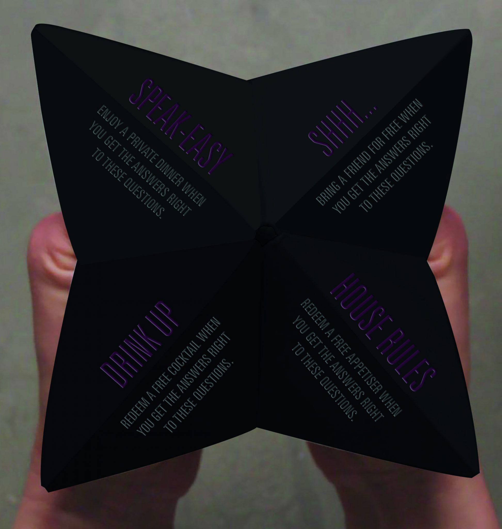 Interactive black origami-style brand card for 86 at Kimpton Shinjuku, featuring deep purple typography and playful prompts such as “Speak Easy,” “Drink Up,” and “House Rules,” reflecting the venue’s secretive speakeasy-inspired brand concept.