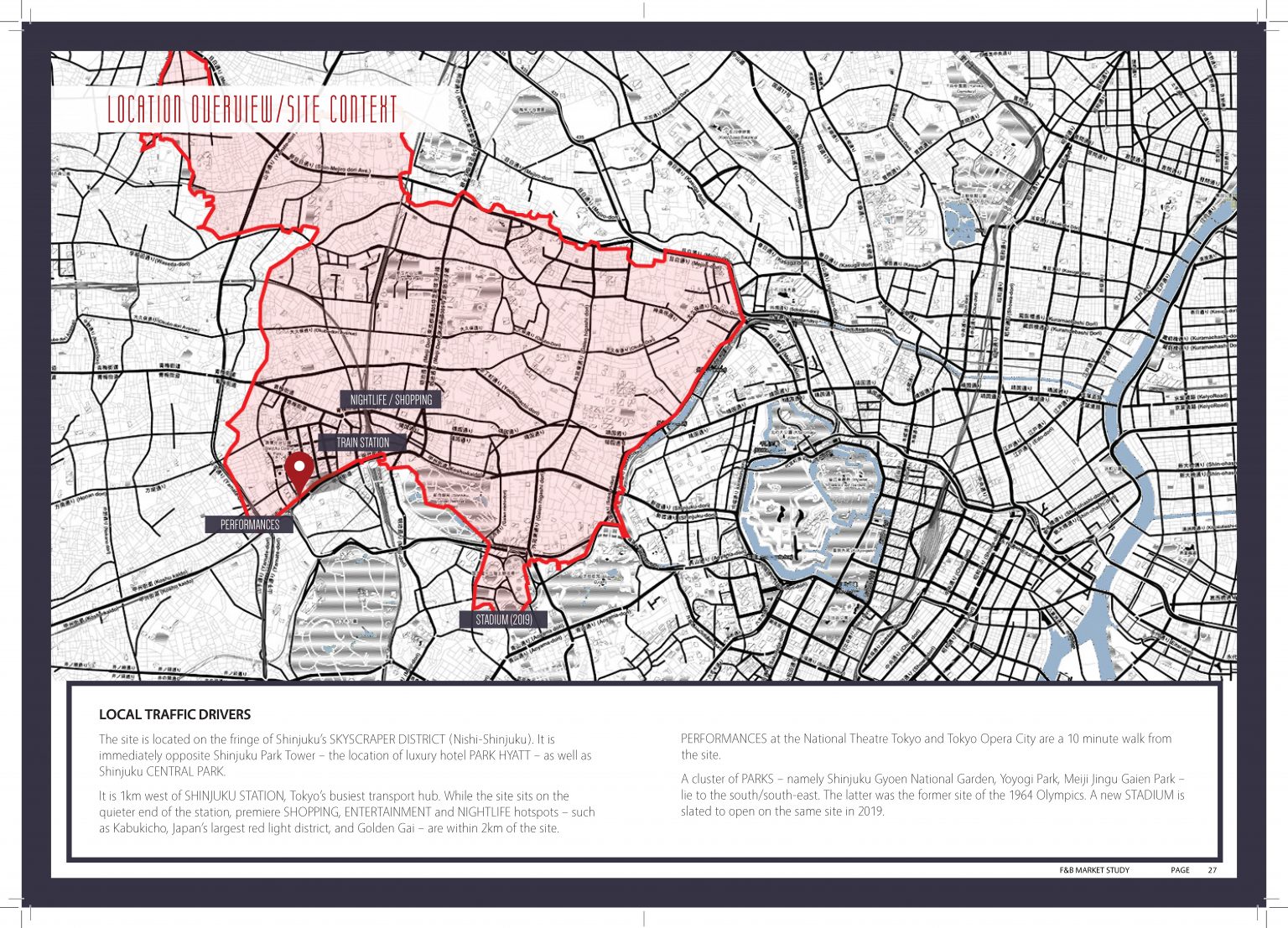 Market research slide showing a location overview map of Shinjuku, Tokyo, with a highlighted site boundary and key surrounding drivers including nightlife and shopping districts, train station access, performance venues, parks, and the planned stadium, used to illustrate local F&B traffic and catchment context