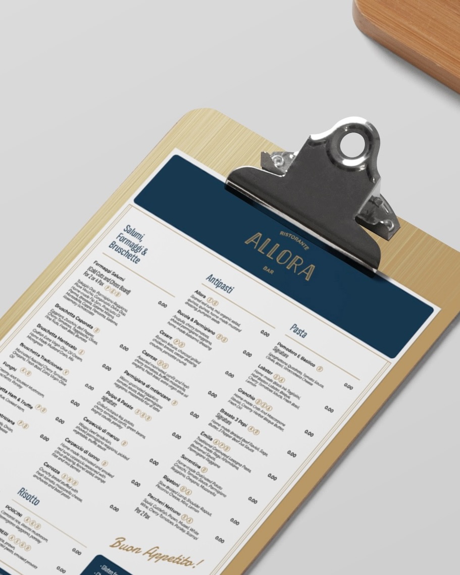 Allora Ristorante & Bar menu design presented on a wooden clipboard, showcasing classic Italian typography, refined layout, and brand-led graphic identity developed by Social F+B and HBA graphics for Crowne Plaza Changi Airport.