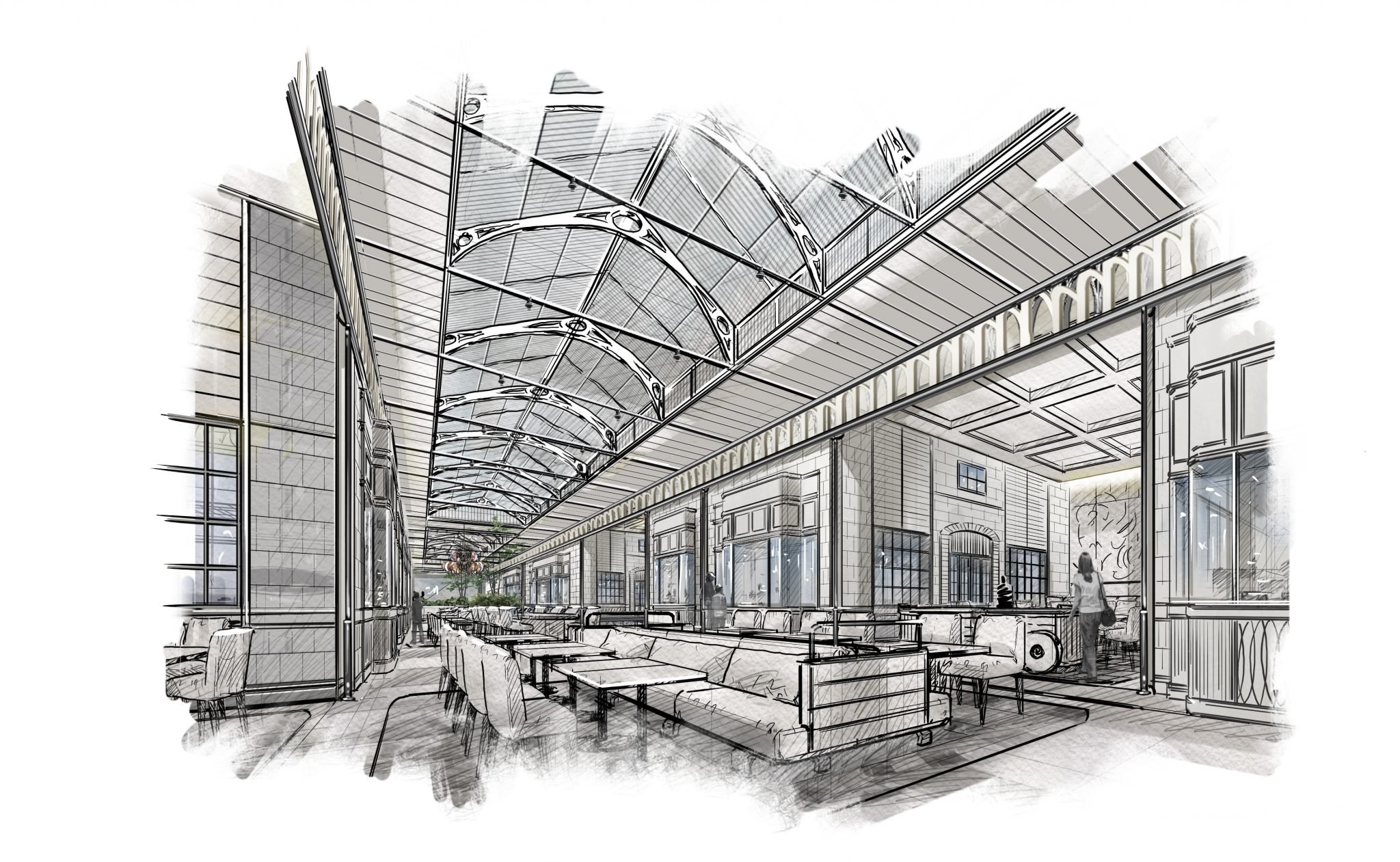 Concept sketch of Chelsea Garden’s main dining hall by Social F+B, illustrating the vaulted glass canopy, market-style circulation, layered façades, and bespoke service stations that anchor the space, translating Covent Garden’s architectural rhythm into an immersive destination food market.