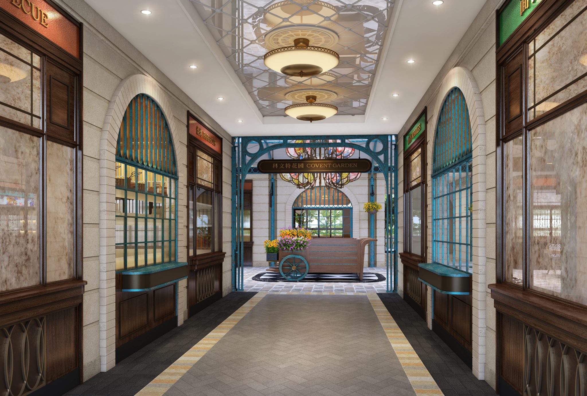 Rendered market corridor at Chelsea Garden, Sands Resort Macao, designed by Social F+B, showcasing Covent Garden–inspired arches, patterned flooring, and lantern lighting, with a bespoke central service station and flower cart acting as a functional and visual focal point within the destination food market.
