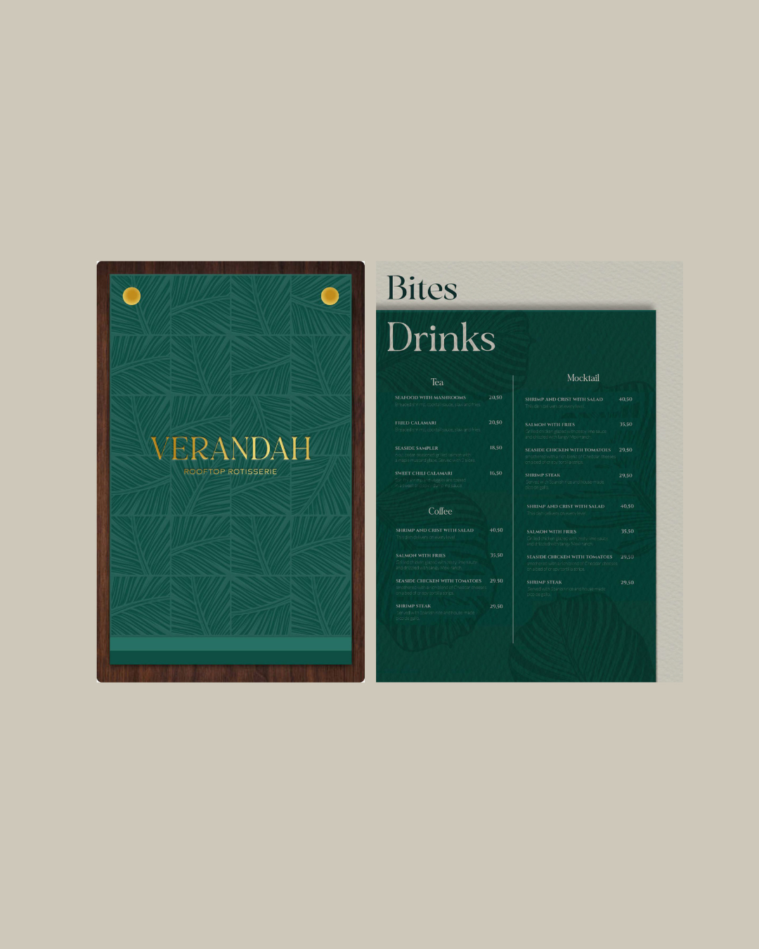 Verandah Pool Bar & Grill menu design featuring a deep green, leaf-patterned cover with gold Verandah branding, paired with an interior menu layout showcasing bites and drinks sections, refined typography, and a tropical-inspired graphic motif