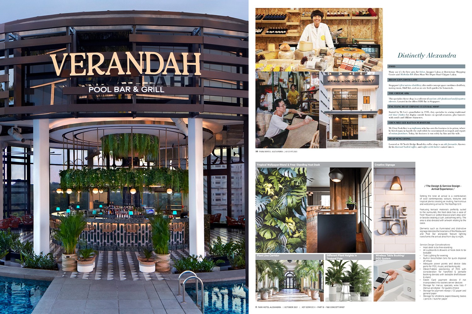 Exterior view of Verandah Pool Bar & Grill, showcasing a modern tropical pavilion with layered timber façade, lush greenery, and an open-air bar overlooking the pool, paired with a concept mood board highlighting design inspiration, local craftsmanship, signage, planting strategy, and guest experience details.